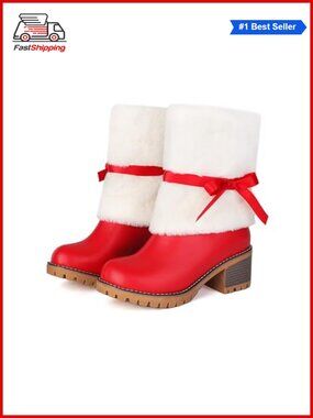 ✨Women's Leather Stacked Chunky Heel Ankle Boots Warm Fur Lined Cute Bow